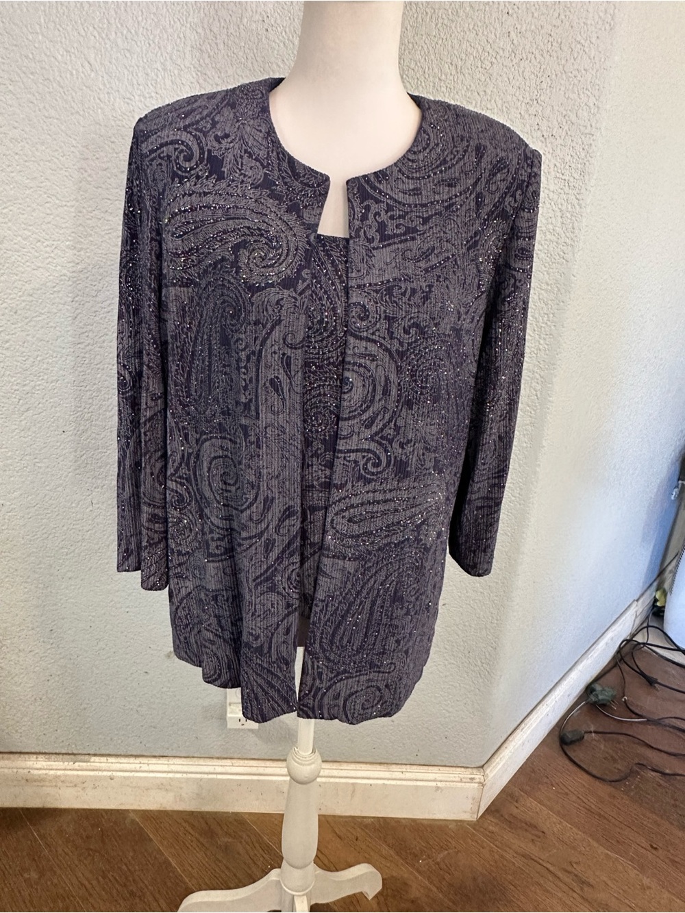 Alex Evenings Navy Embellished Paisley Open-Front Jacket and Tank